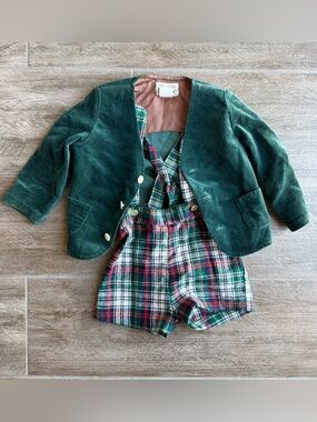 Good Lad Green Velvet Jacket with Red & Green Plaid Suspender Shorts